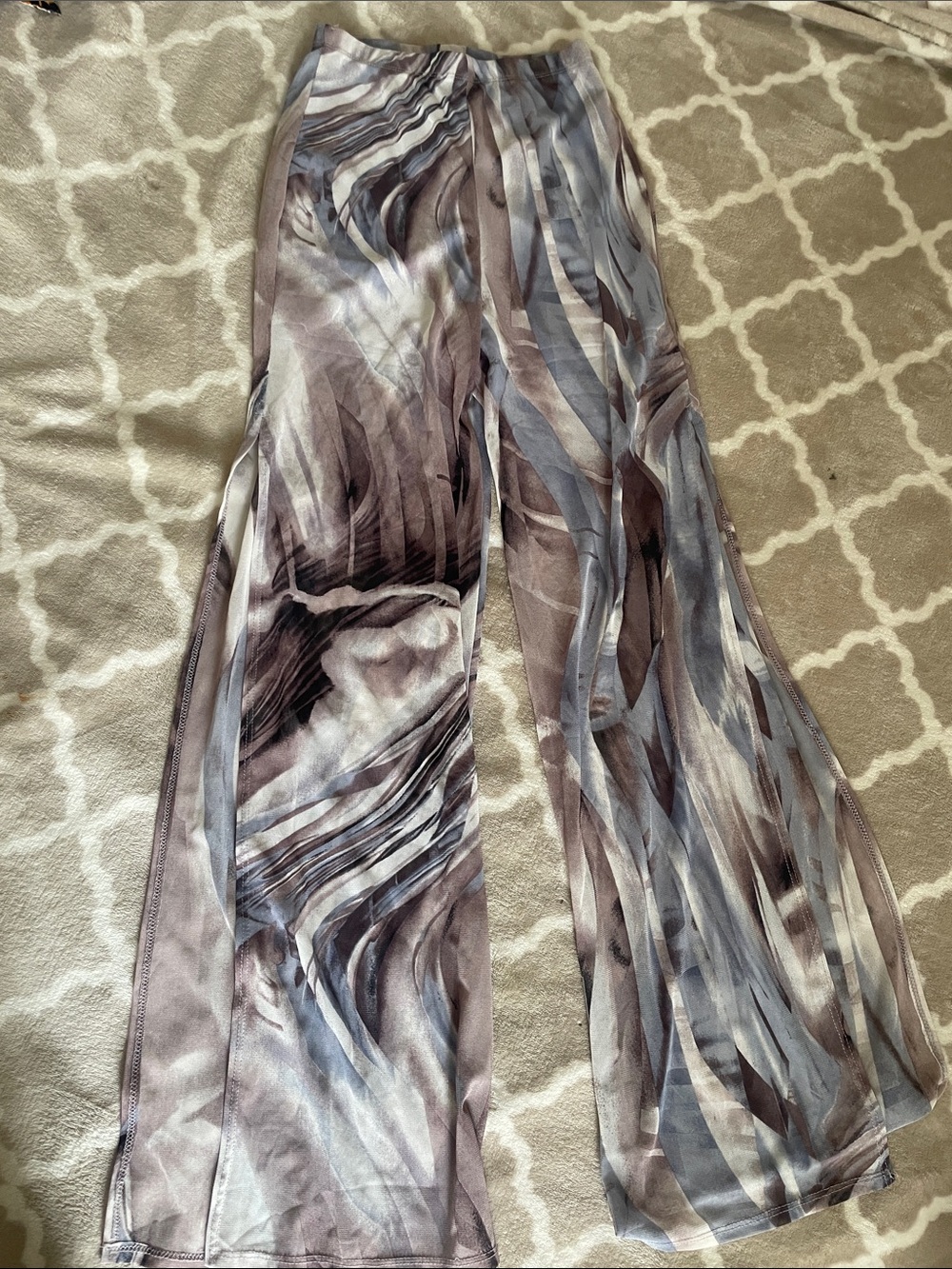 Sheer Wide-Leg Mesh Pants in Marble Swirl - Taupe/Gray